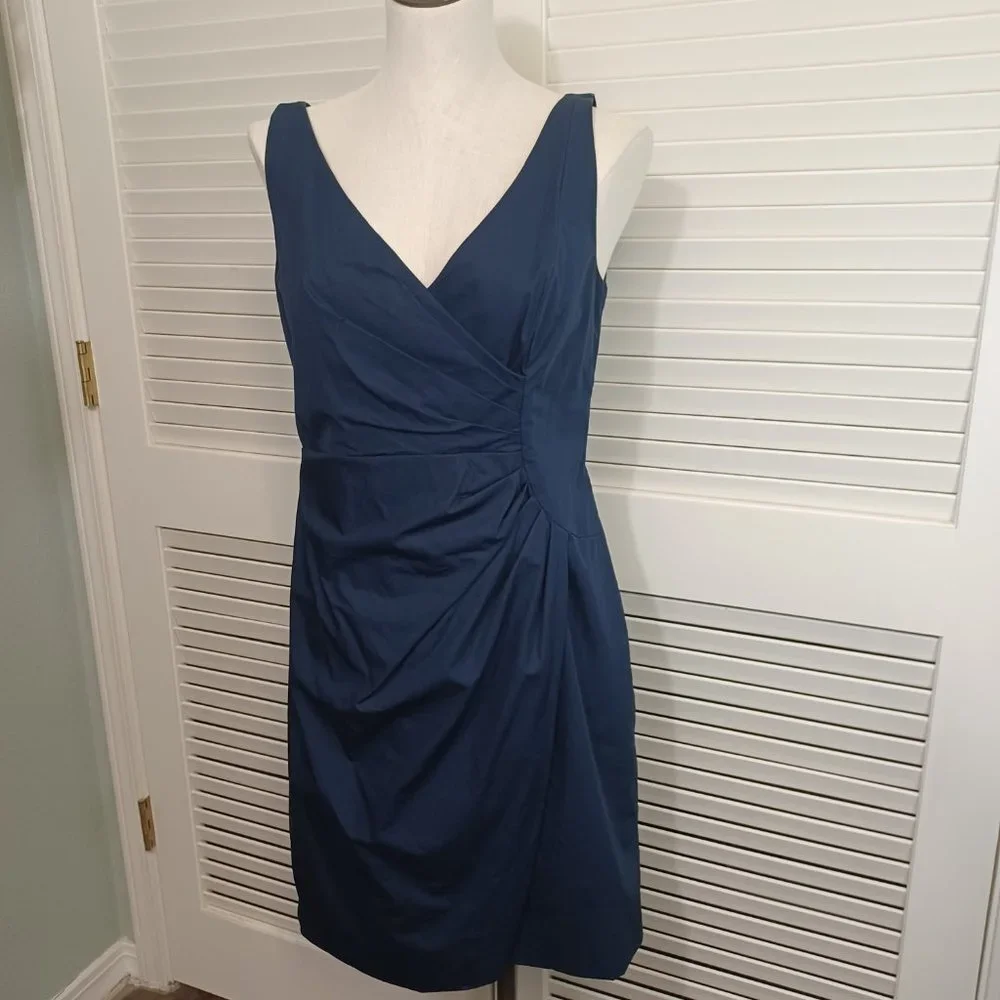 Ann‎ Taylor Navy Blue Ruched Faux Wrap V-Neck Sheath Dress Womens